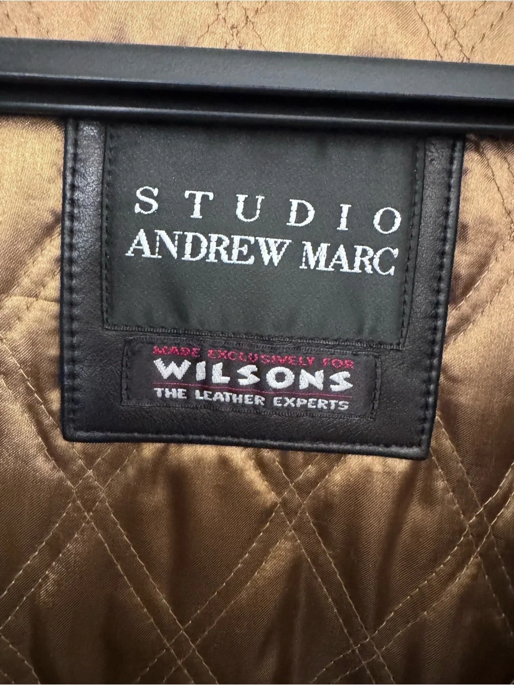 Andrew Marc Vintage Black Leather Trench Coat with Gold Quilted Lining